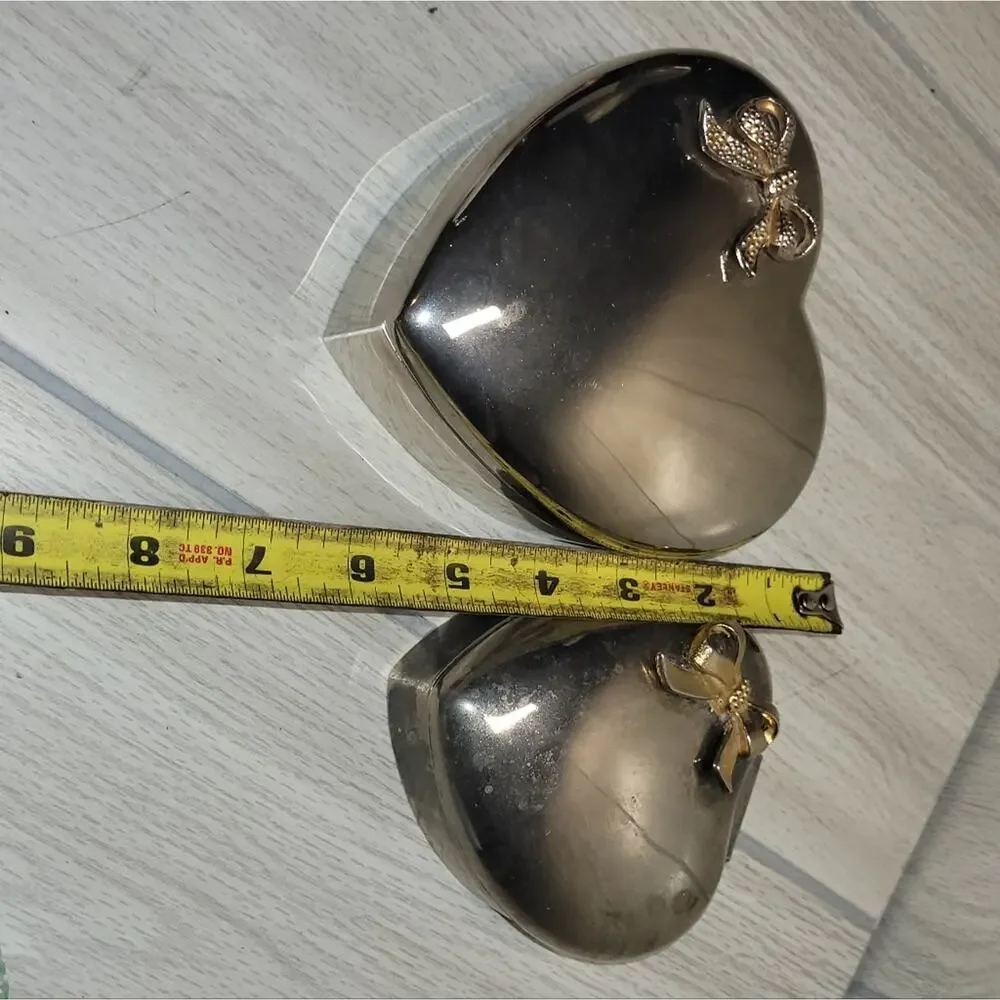 Lot Of 2 Vintage Silver Plated Heart Shaped Felt Lined Trinket Boxes With Bows